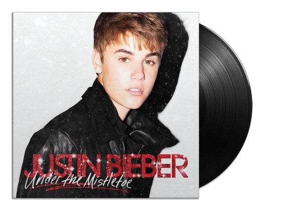 Justin Bieber albumhoes "Under the Mistletoe" met vinylplaat.
