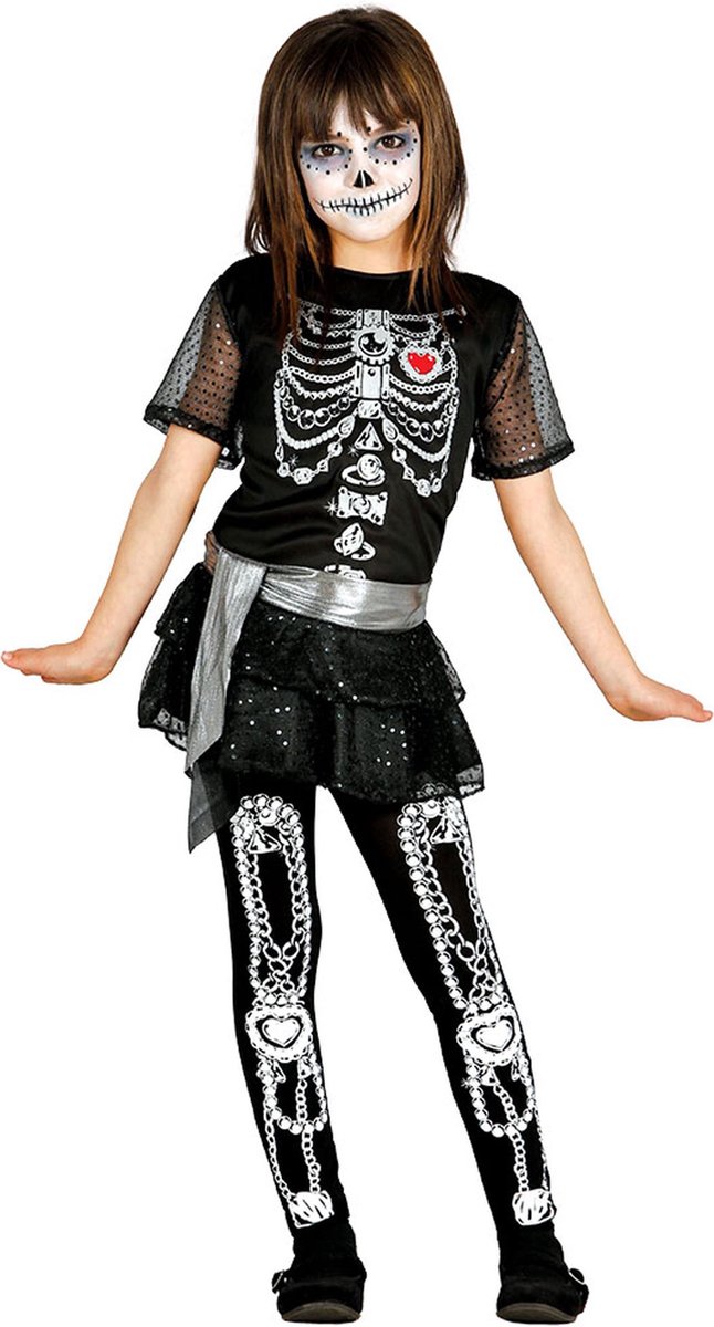 Carnavalkostuum Halloween skelet jurkje met glitters - voor meisjes - zwart 128/134