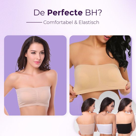 Soutiens-gorge bandeau sans coutures de plusieurs couleurs portés par des modèles. Le texte "Le soutien-gorge parfait? Confortable & Élastique" est en haut.