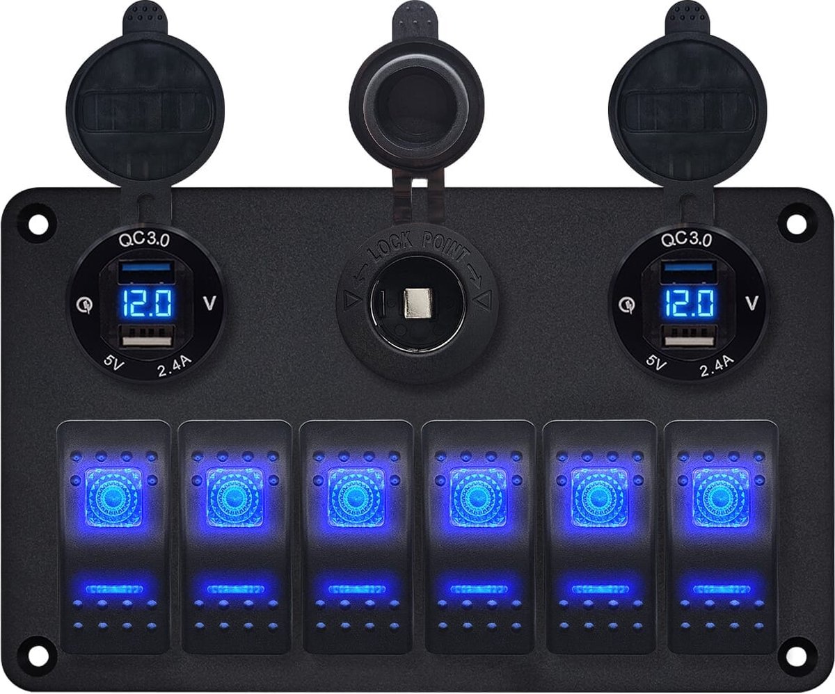ProRide Schakelpaneel 12V voor Auto/Boot - 4 USB Poorten met Voltmeter - 5V/2.4A - DS2114B - 6 schakelaars + 12V/24V stopcontact