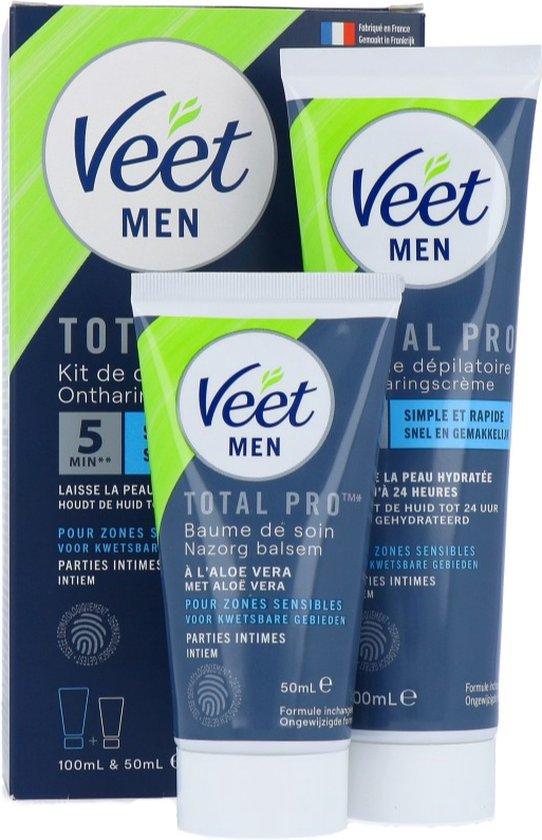 Veet Men ontharingskit Total Pro. Ontharingscrème en Nazorg Balsem voor gevoelige intieme delen. 100ml + 50ml.