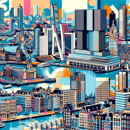 Pop art rotterdam schilderij | Rotterdamse kunst in pop art stijl: een bruisende ode aan de stad | Kunst - 30x30 centimeter op Canvas | Foto op Canvas