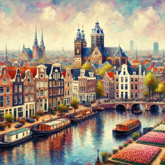 Olieverf amsterdam schilderij | Amsterdamse meesterwerk: verfijnde kunstzinnigheid op doek vereeuwigd in olie | Kunst - 30x30 centimeter op Canvas | Foto op Canvas