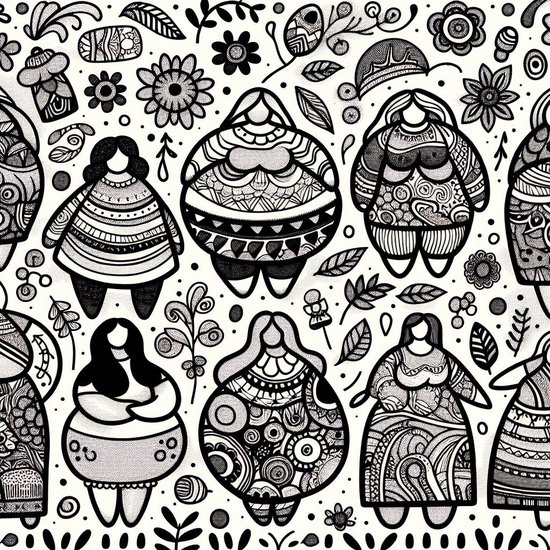 Doodle dikke dames schilderij | Gracieuze voluptueuze dames: een vrolijke en kleurrijke creatie | Kunst - 60x60 centimeter op Canvas | Foto op Canvas
