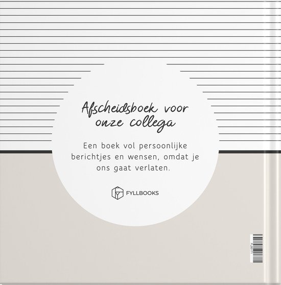 De achterkant van een afscheidsboek voor collega's met horizontale lijnen bovenaan en een beige cirkel met tekst.