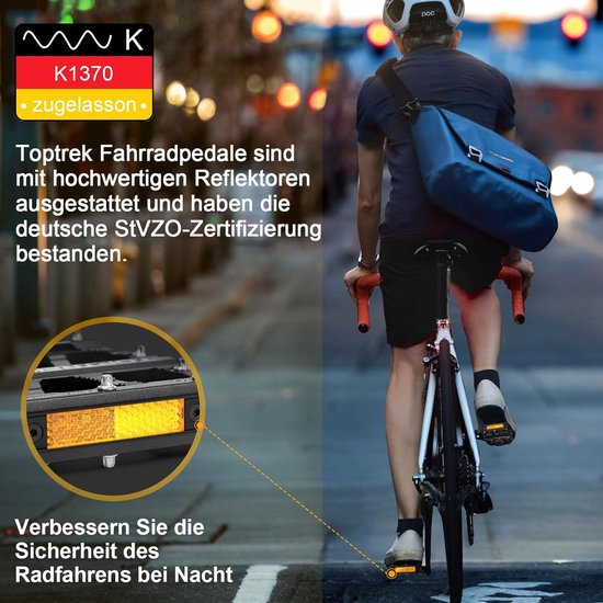 Toptrek fietspedalen blauw met StVZO-goedgekeurde reflectoren, CNC-aluminium pedalen fiets MTB-pedalen antislip met 3 afgedichte lagers voor mountainbike, BMX, e-bike, racefiets