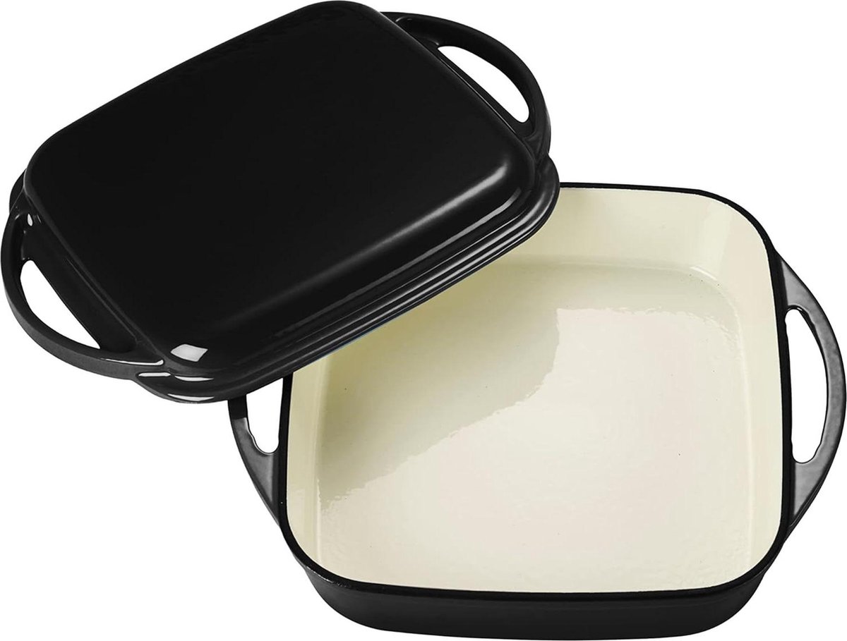 Braadpan en pan 2-in-1 set - Universeel gietijzeren ovenschaal - Met deksel en emaille coating - Geschikt voor oven, grill, BBQ en inductie - Zwart - 15 liter - Ø 24,6 cm