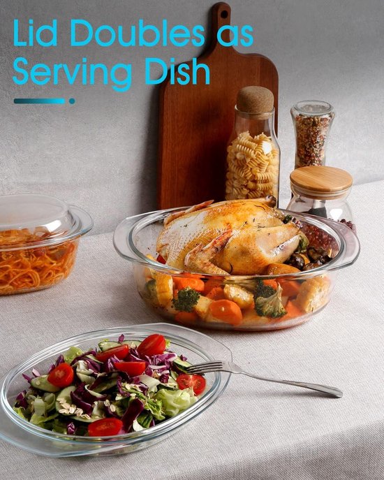 NUTRIUPS Ovale glazen braadpan van 2 liter met deksel, borosilicaatglas, ovale schaal voor oven, braadpan met deksel (27,3 × 18,8 × 11 cm