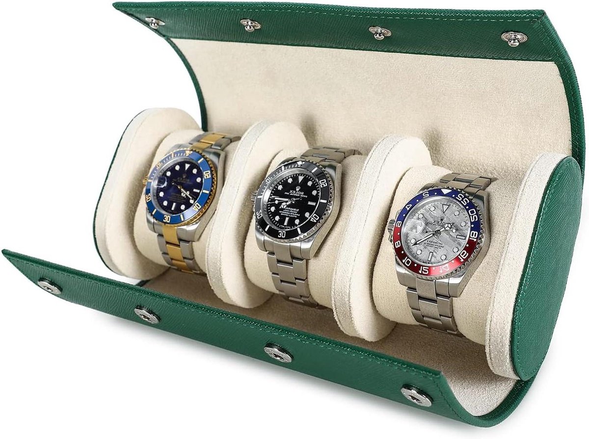 Opslag Horloge Case - Echt Leder - 3 Horloges - Handgemaakt - Saffiano Leder - Reizen - Draagbaar - Verwijderbare Kussens - Snag Montage Ontwerp - Groen