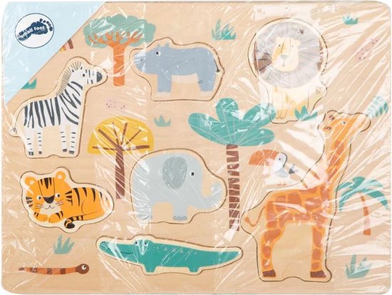 Houten puzzel met dieren uit de safari, in plastic verpakt: leeuw, giraf, olifant, nijlpaard, zebra, tijger, krokodil en slang.