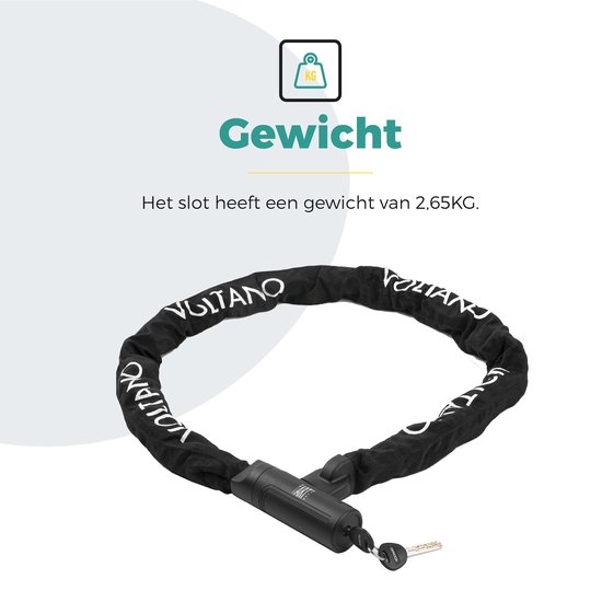 Zwart Voltano kettingslot met sleutels en het opschrift "Gewicht" en "Het slot heeft een gewicht van 2,65KG".
