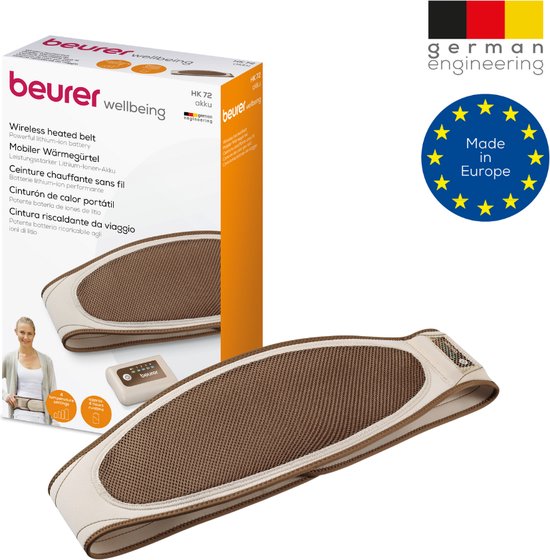 Beurer HK 72 Elektrisch Warmtekussen - Heating pad - Warmteband - Voor de rug - 125 x 18 cm - 4 Warmtestanden - Snelle opwarming - Automatische uitschakeling - Draadloos - Oplaadbaar - Neopreen - Machinewasbaar - 3 Jaar garantie - Bruin/beige