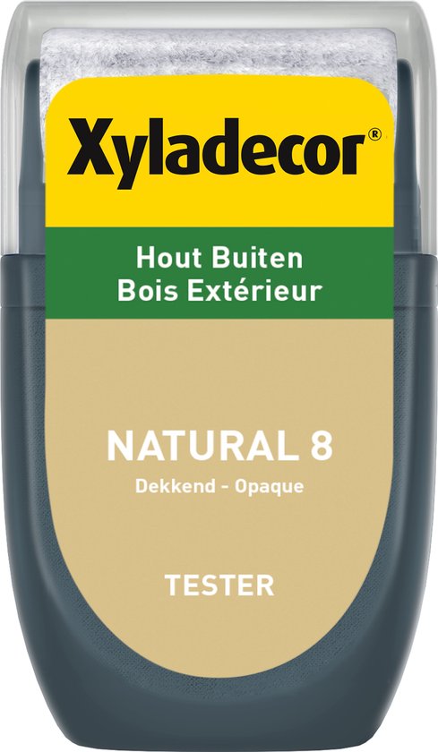 Xyladecor Natural 8 tester voor Hout Buiten Dekkend - Opaque in een grijze testerverpakking.
