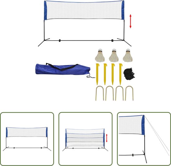 Foto: The living store badminton net en frame recreatieve badminton set 300 x 72 cm verstelbaar frame inclusief accessoires wit blauw