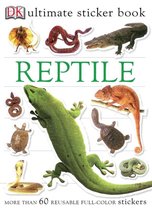 Boekomslag van DK Ultimate Sticker Book: Reptile, met een grote groene hagedis, een krokodil, een slang, een kameleon en meer. Meer dan 60 herbruikbare stickers.