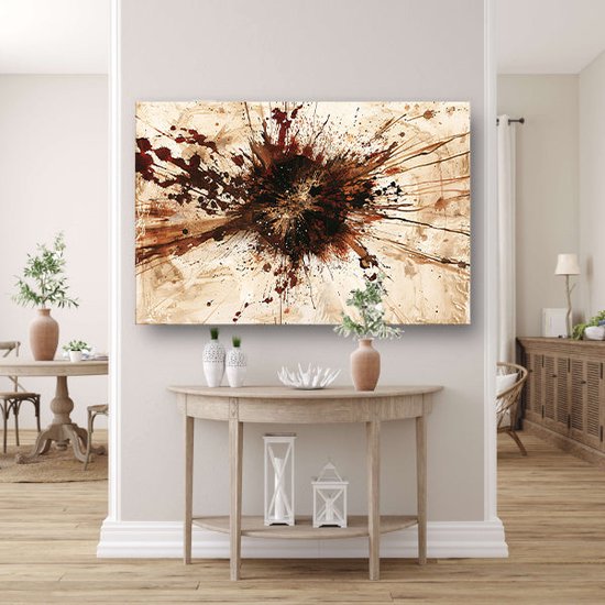 Peinture abstraite sur toile représentant une explosion d'éclaboussures de peinture marron et rouge sur fond clair, suspendue au-dessus d'une console.