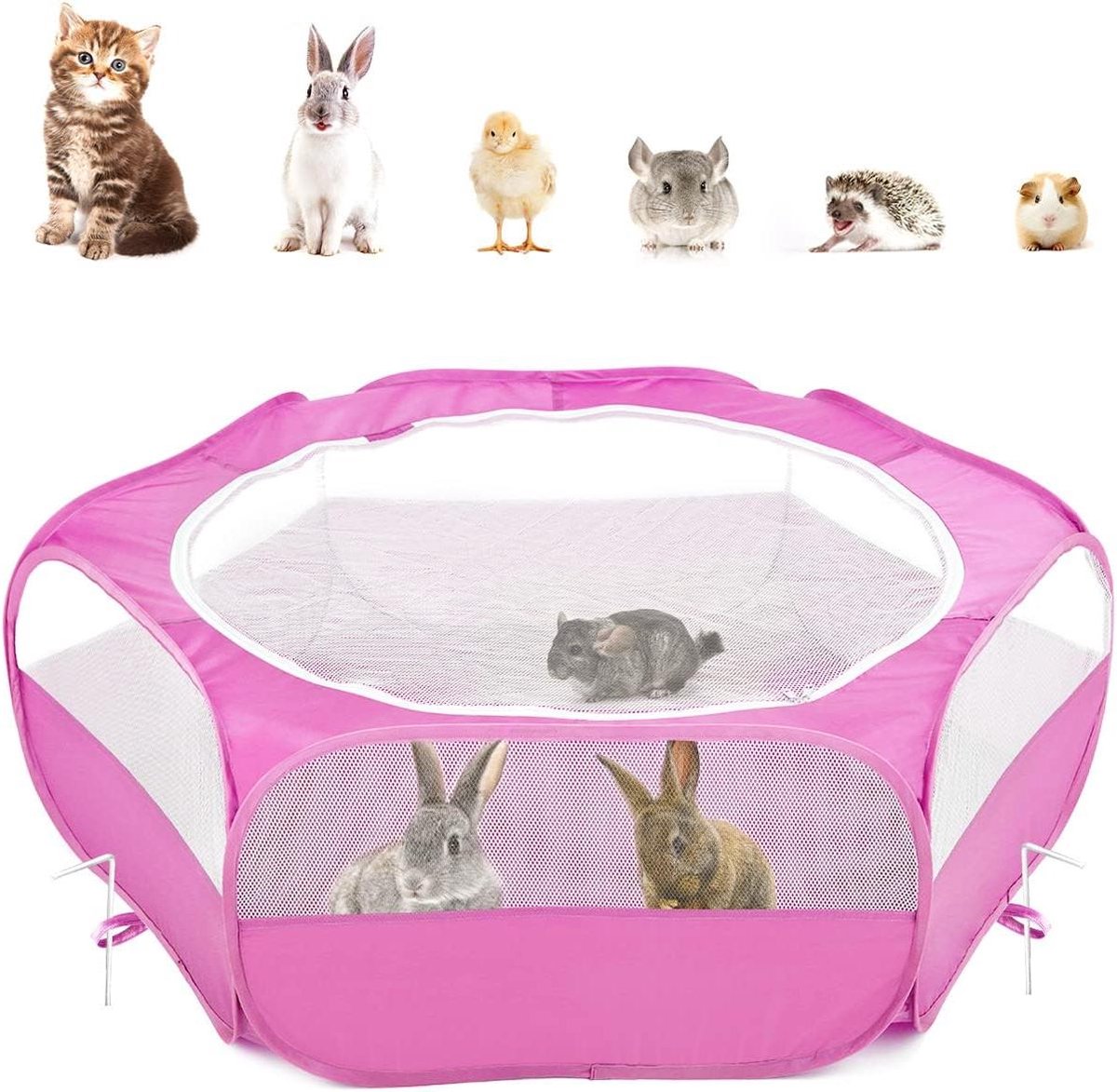 Waterproof Small Animals Playpen with Zippered Cover - Portable Outdoor Cage Tent for Kitten Puppy - Magenta