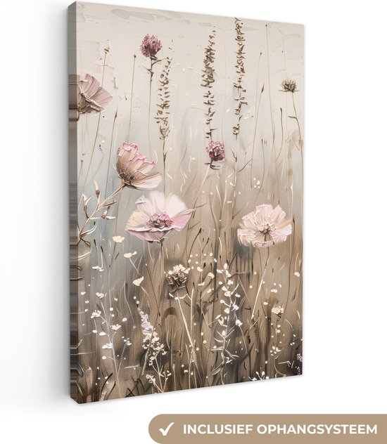 Gedetailleerde canvas schildering van roze bloemen en beige grassen, met ophangsysteem.