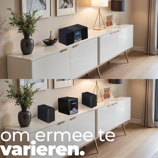 Zwarte Denver micro-installatie met twee luidsprekers op een witte kast in een woonkamer.