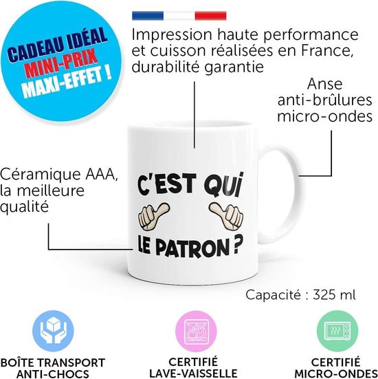 Funny Mug - "C'est Qui Le Patron" Inscription - Funny Gift Idea for Friends, Couples, Lovers, Colleagues, Brothers, Sisters - Birthday, Christmas - Dino Mugs Laughing the Alarm Clock