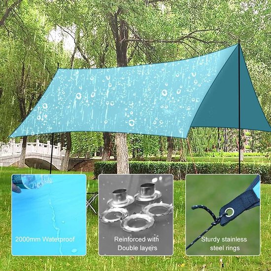 Tentzeil Tarp 3m x 3m - Waterdicht Zeildoek - Outdoor Regen Tarp - UV Bescherming - Kamperen - Blauw Tarp tent — afbeelding 5