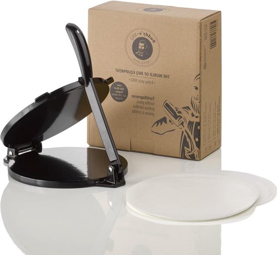 Buddy's BBQ Tortilla Press for Tortillas, Tacos, Enchiladas, Burritos, Non-Stick Coating, Cast Iron, Black, Includes 100 Sheets Paper, Diameter 20 cm