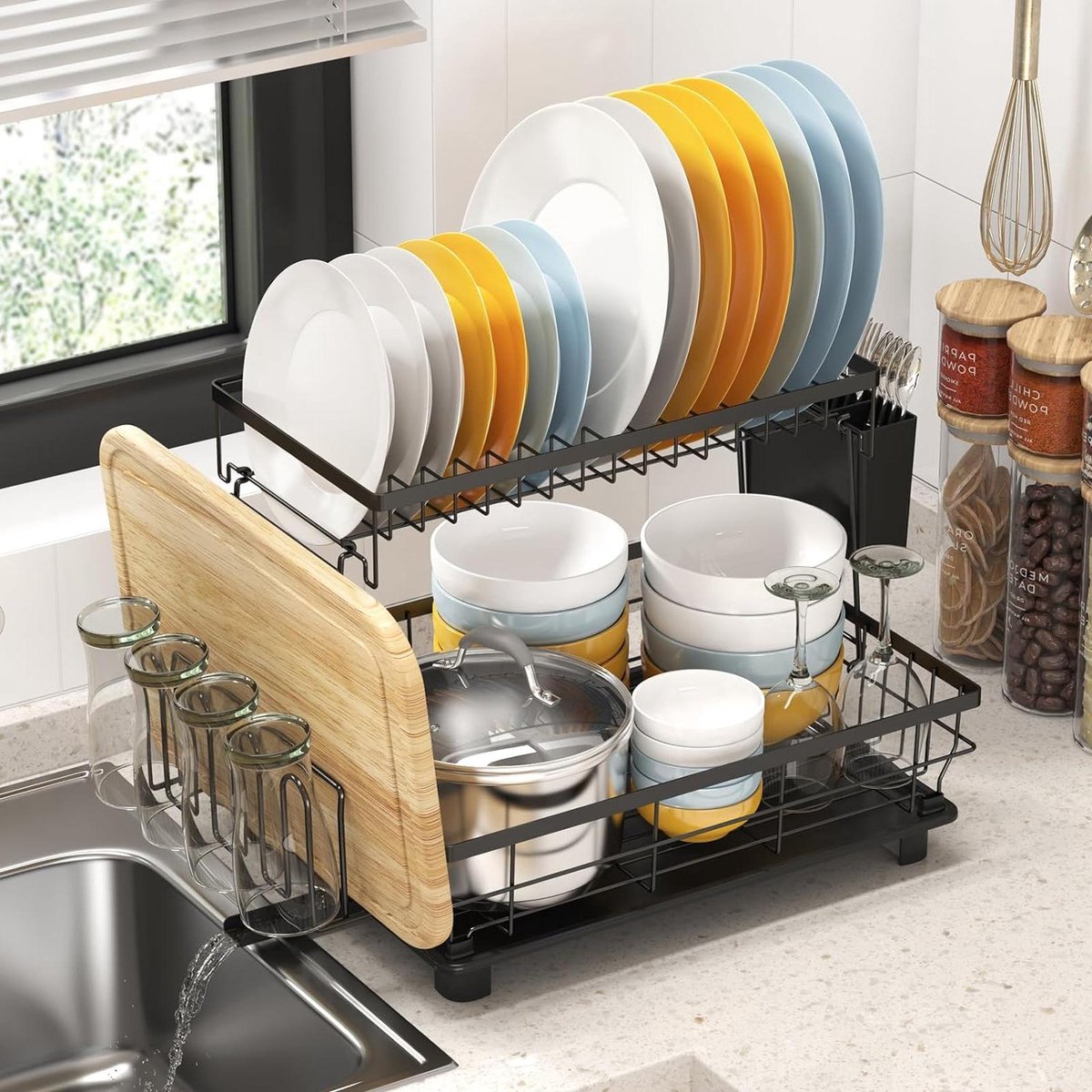 Afdruiprek 2-laags met Lekbak Afneembaar en Georganiseerd Keukengereihouder Bekerhouder Zwart dish drying rack