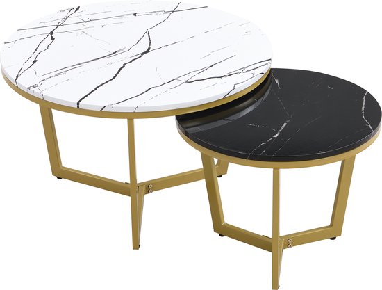 MOTUZP Salontafel, set van 2, bijzettafel, marmerlook met metalen frame en plank, moderne salontafel voor woonkamer, slaapkamer (zwart rechthoek