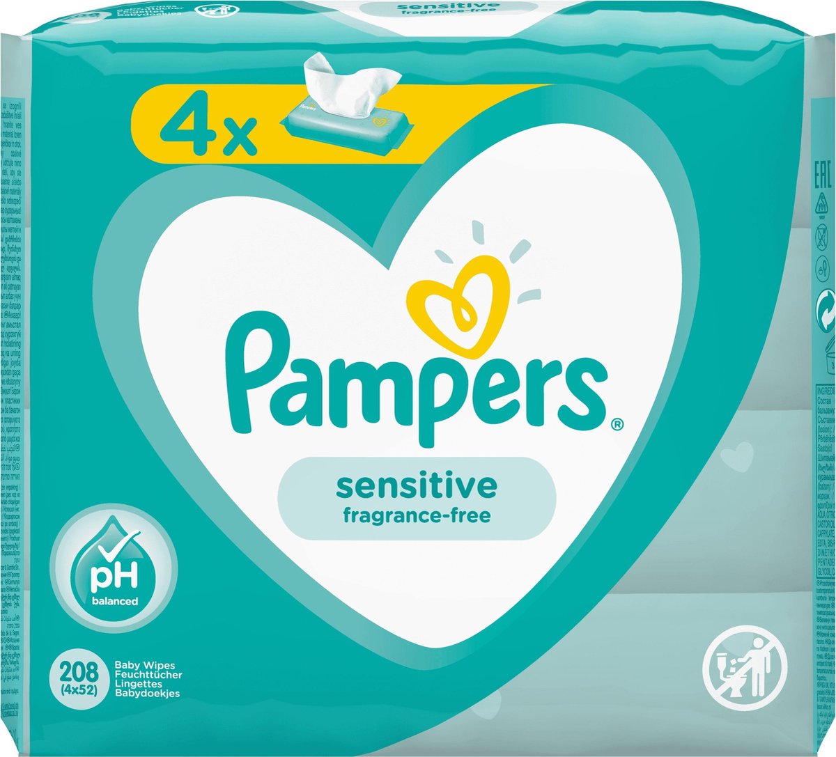 Goedkoopste 1x Pampers Billendoekjes Sensitive Navulpak 4x52 = 208 doekjes 208 stuks
