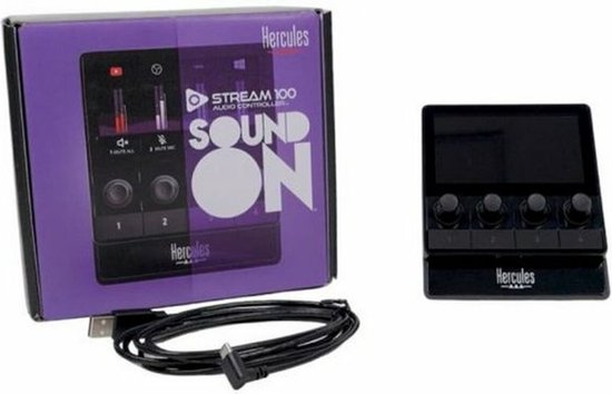 Hercules Stream 100 audiocontroller en verpakking met USB-kabel.