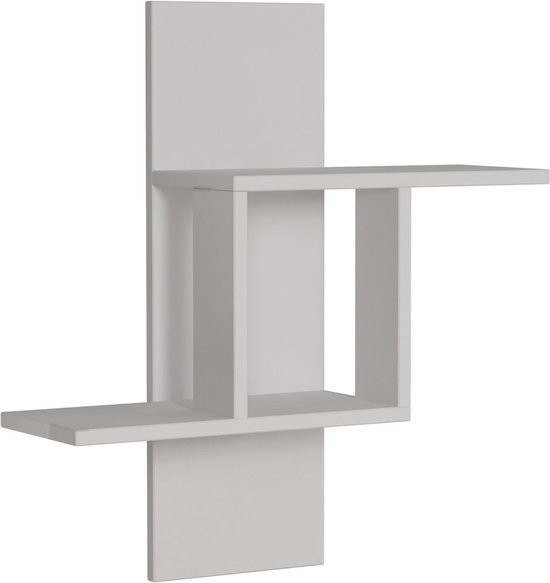 Witte, geometrische wandplank met een open vak en een decoratief paneel aan de achterkant.