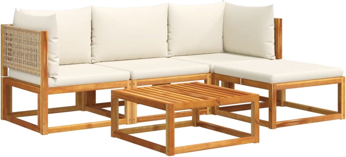 vidaXL 5-delige - tuinbankset - met - kussens - acaciahout - & - rotan Crèmewit