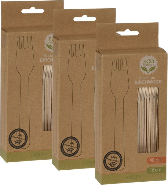 Drie kartonnen verpakkingen van 40 houten vorken van 16 cm, elk met 'Eco Friendly' en 'Made from Birchwood' label.