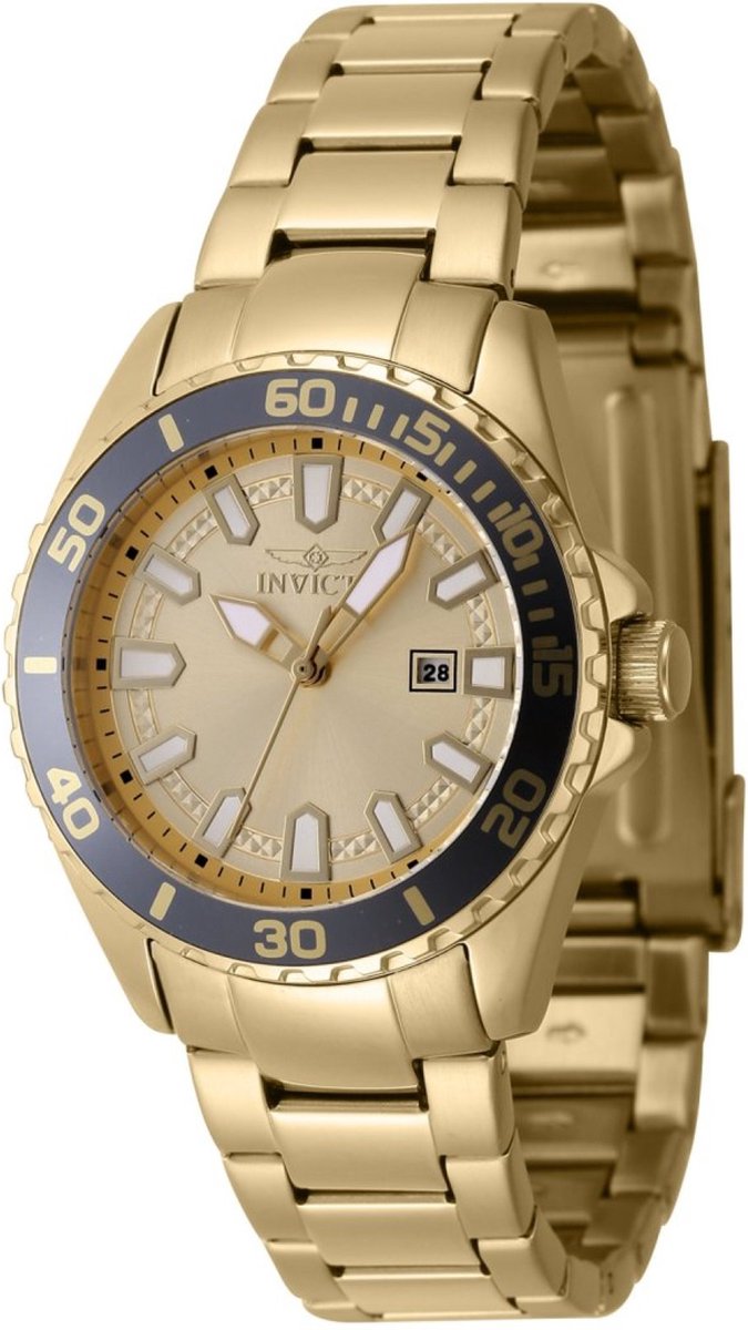 Invicta Pro Diver 47344 Dames Horloge - Waterdicht - Analoog - Quartz Uurwerk - Roestvrij Staal met gouden Wijzerplaat - 34mm