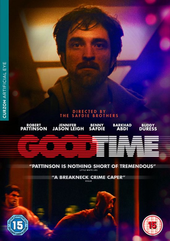 Filmcover van Good Time met Robert Pattinson in close-up, gericht op het gezicht. De titel 'GOOD TIME' staat centraal.