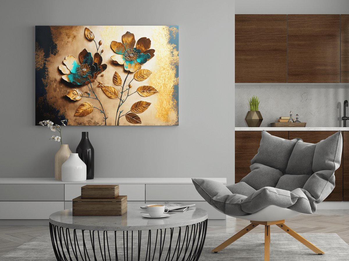 Trendex Global Canvas Schilderij - Bloemen - Abstract - 90x60x2 cm Goud