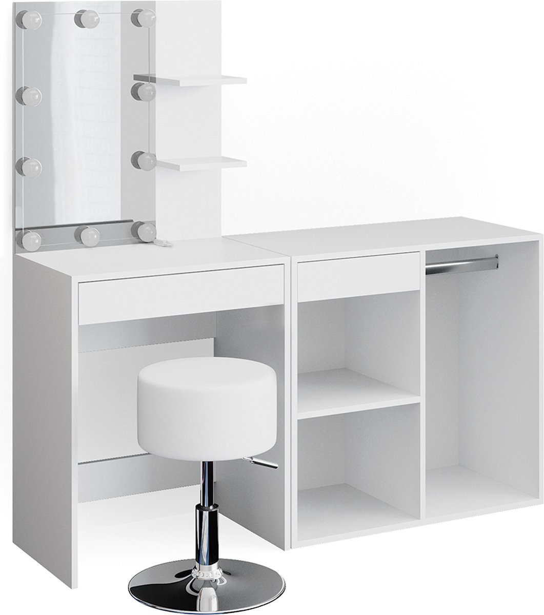 Vicco Kaptafel set met kruk Isabelle, Wit, 140 cm met spiegel, LED-lichtslinger, kruk en aanbouwkast