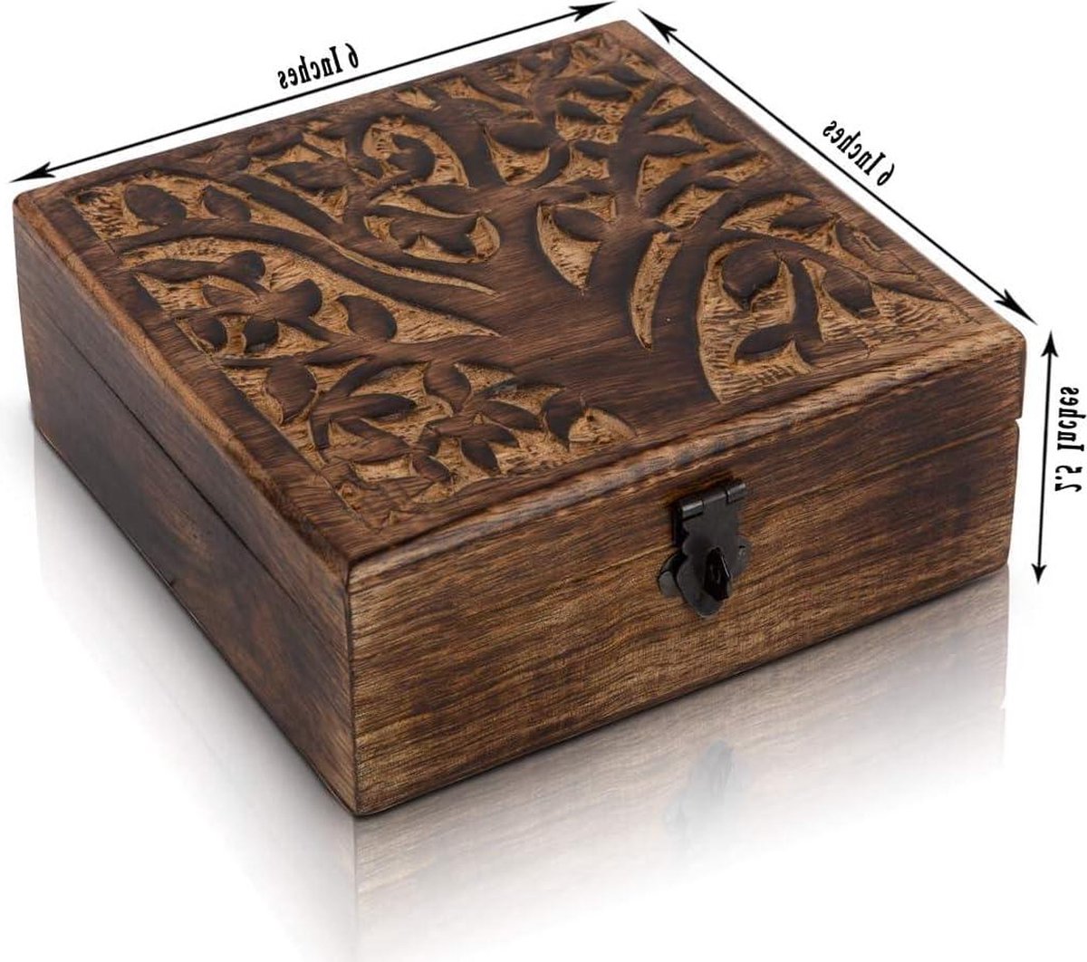 Handgemaakte houten sieradendoos met levensboom snijwerk - decoratief- slot & sleutel- sieradenorganisator-aandenkistje- schatkist- snuisterijhouder- horlogedoos- opbergdoos- 15 x 15 cm