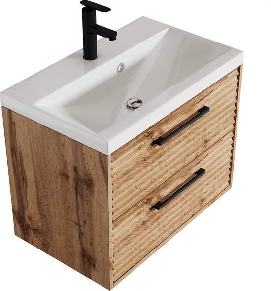 Wastafelmeubel met witte wasbak, zwarte kraan en houten front met ribbelstructuur.