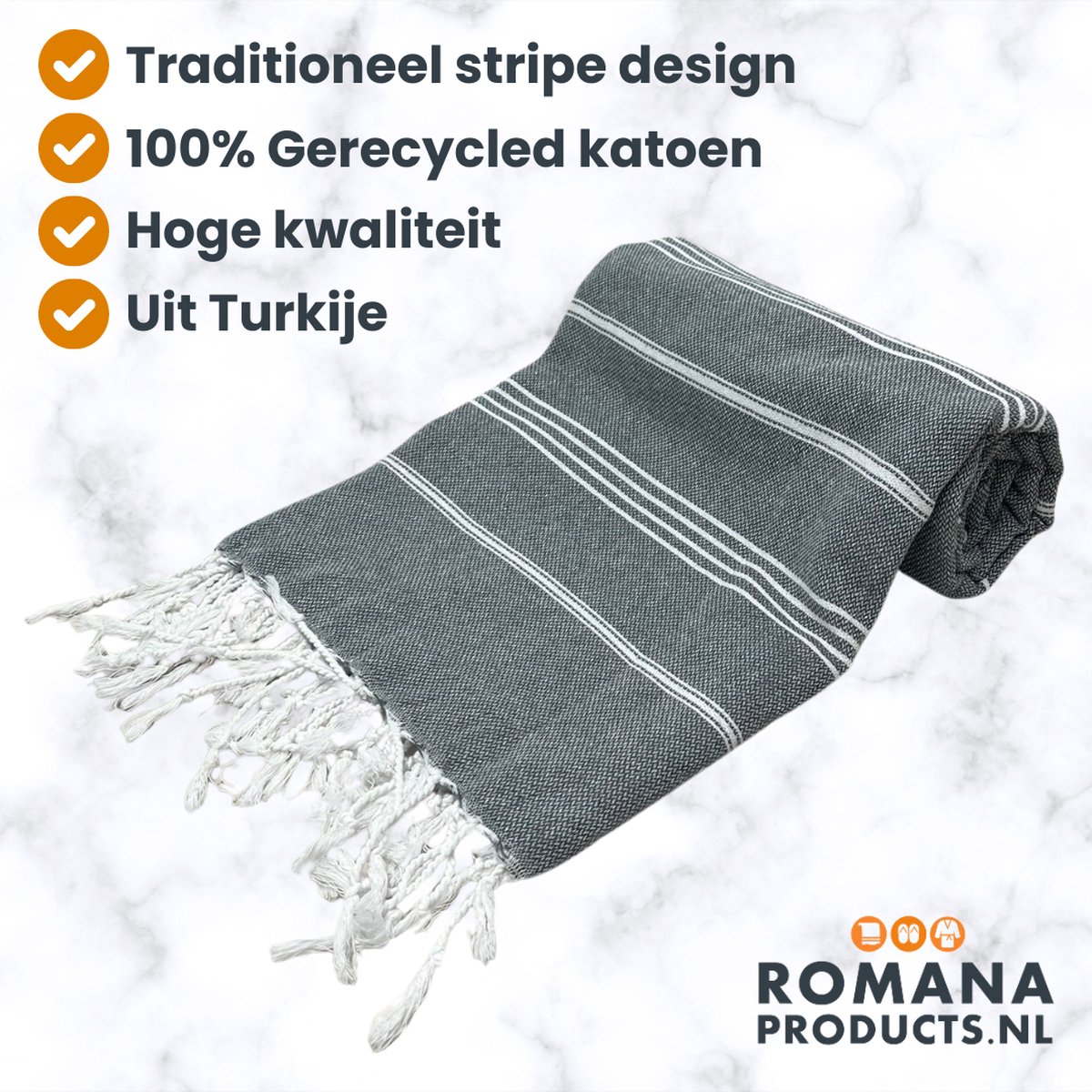 Romana Products Stripe Hamamdoek - Baddoek - Strandlaken - Saunalaken - 100cm x 180cm - Antracit