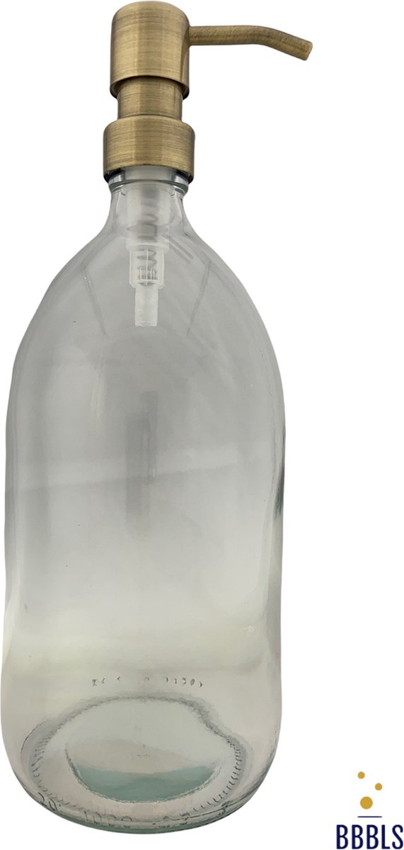 BBBLS Design Dispenser "Blanco" | Transparant Glas | 1 liter | RVS / Metaal Pomp Goud | Zeeppomp | Zeepdispenser | Zeephouder