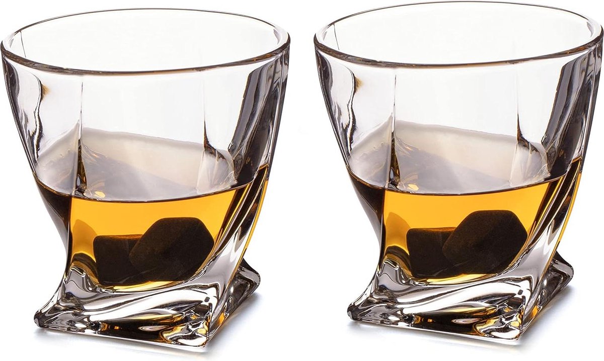 Whiskyglazen Twisted set van 2 incl. ice rocks koelstenen