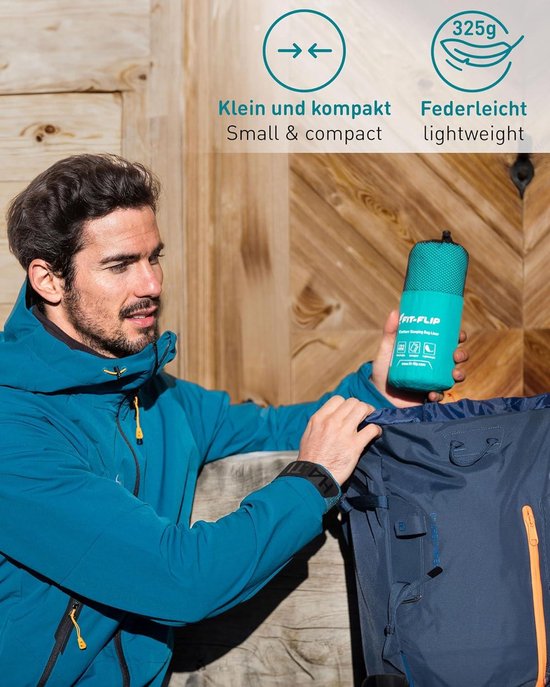Ultralichte huttenslaapzak katoen - dunne reisslaapzak voor wandelen - compact & zijdezacht - lakenzak 325g met kussencompartiment van Paractim. — afbeelding 4