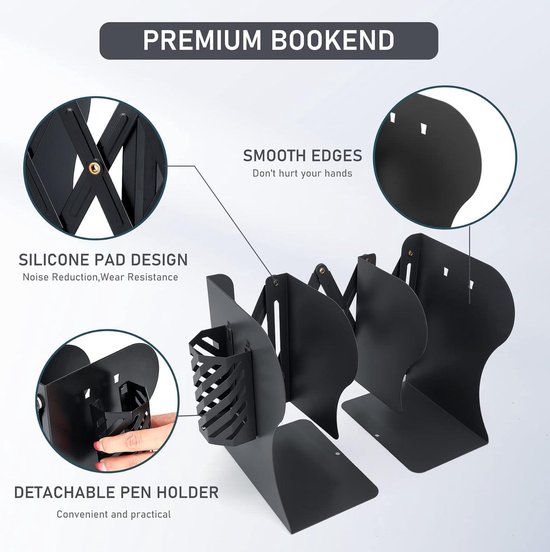 Belle Vous Zwart Metalen Zware Kwaliteit Beukensteunen (3 Paar) – Anti-Slip Boeken Stopper Versteviging Voor Boeken & CD's – Verdelers Voor Planken, Kantoor, Bibliotheek, Huis en School