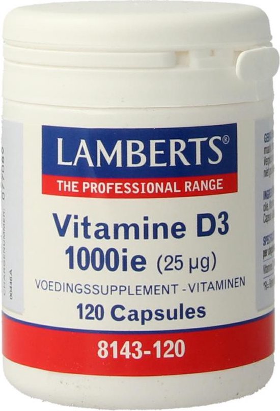 Witte pot met blauw, rood en wit etiket. Lamberts Vitamine D3 1000ie (25mcg) 120 Capsules.