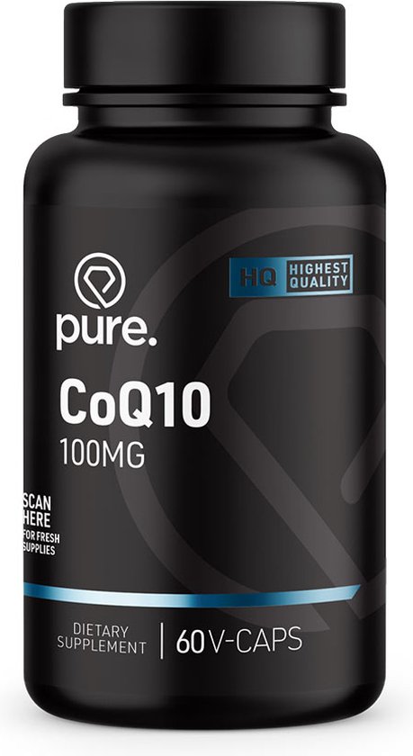 Zwarte fles met 'pure. CoQ10 100MG' en 'DIETARY SUPPLEMENT 60 V-CAPS' in witte letters.