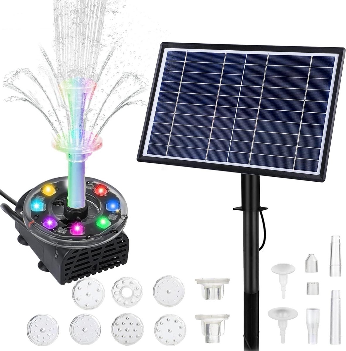 LED Vijverpomp op Zonne Energie met Batterijen Dubbele Fontein Pomp Waterpomp voor Kleine Vijver Maximale Watersproeihoogte 0.85 m 230 l h Solar Fontein