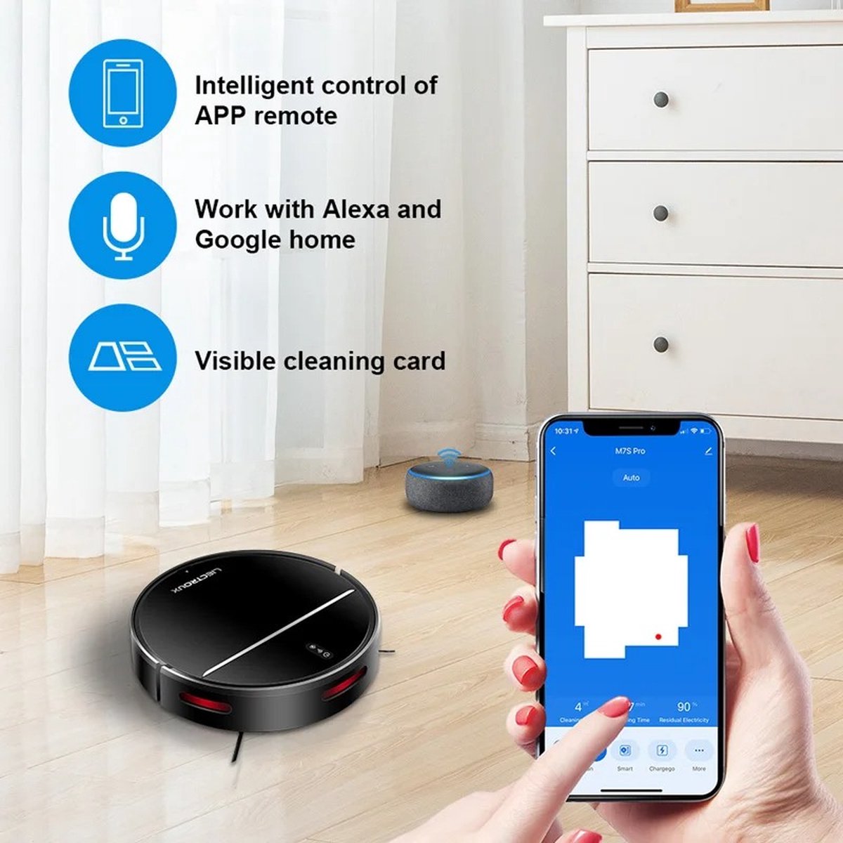 Afbeelding 2 van Robot Stofzuiger , Robotstofzuiger met dweilfunctie, Robotstofzuiger met laadstation, WiFi App, 4KPa Zuigkracht, Borstelloze Motor, Alexa en Google Assistant, Voor tapijt en harde Vloer