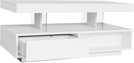 Sweiko Witte hoogglans salontafel 95x50x42.5 cm, 4 glazen werkbladen, 2 lades en 2 open vakken, Woonkamer tafel, sofa tafel, basiskast voor woonkamer