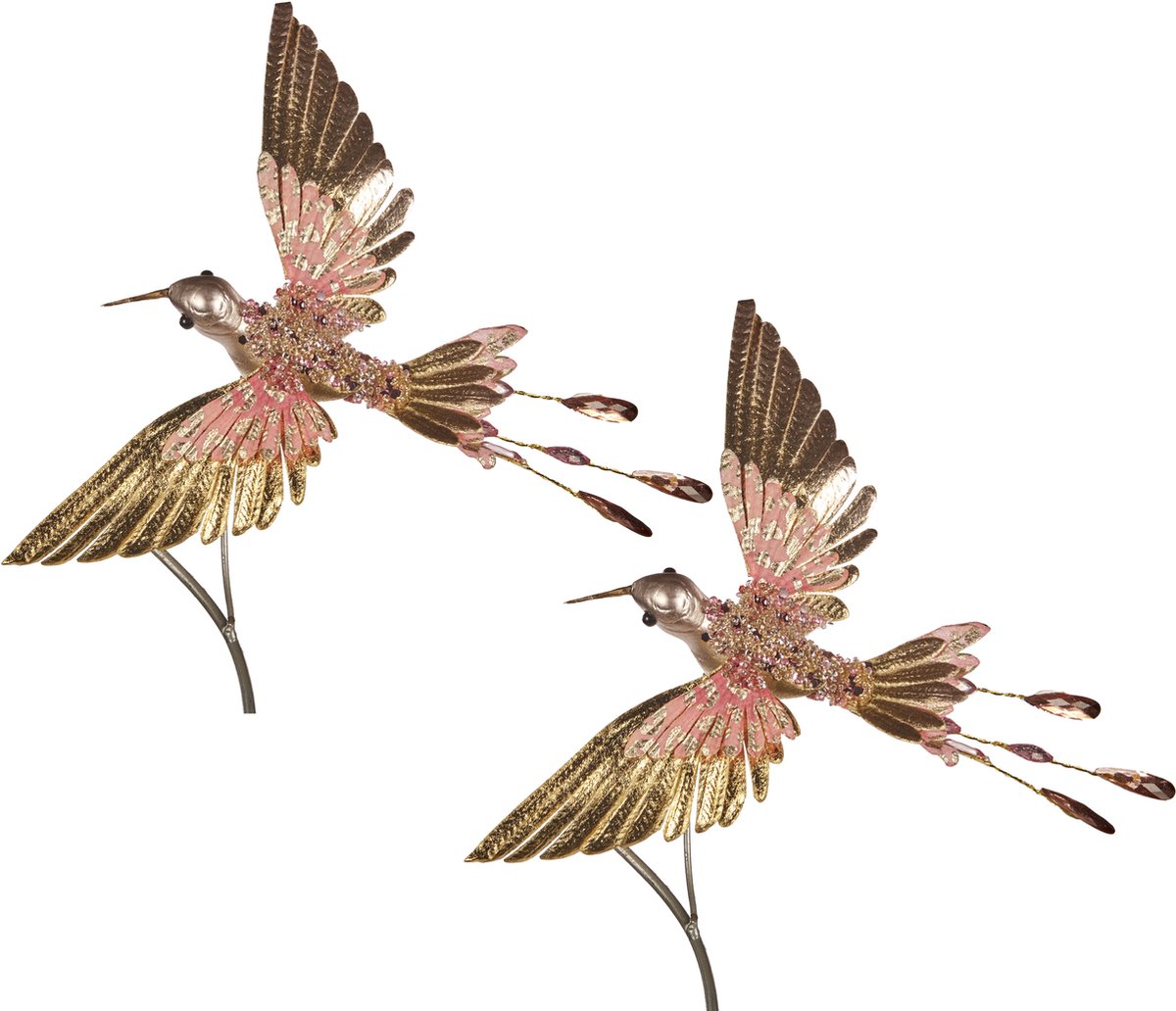 Viv! Christmas Kerstdecoratie vogel - Kolibrie op clip - 2 stuks - roze goud - 20cm